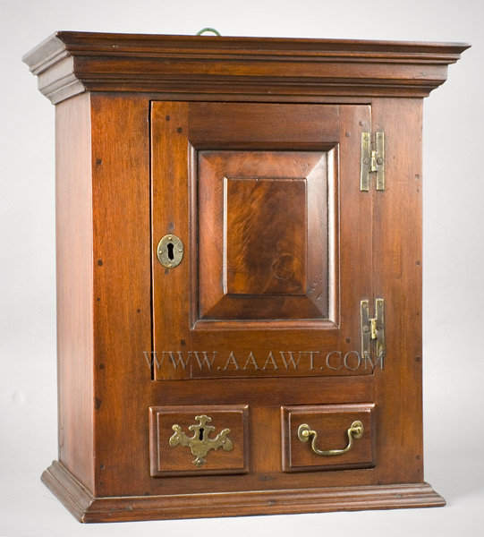 Cupboard, Hanging, Spice Cabinet, Raised Panel Door, Molded Cornice
Pennsylvania
Circa 1770, angle view